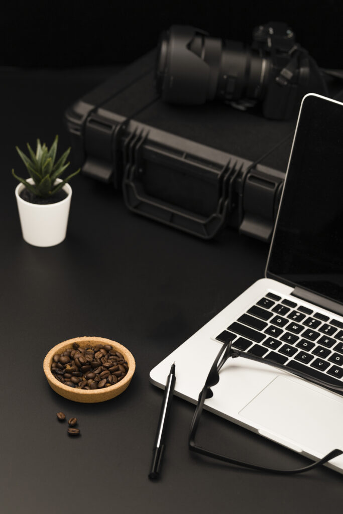 high angle desktop with laptop camera