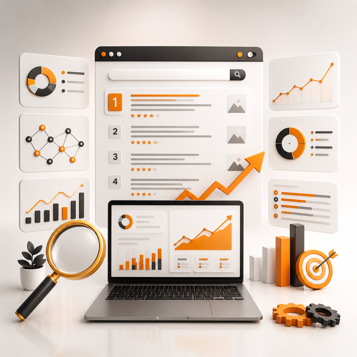 Professional SEO dashboard showing search rankings, keywords, website optimization, traffic growth, local SEO, and digital marketing performance.