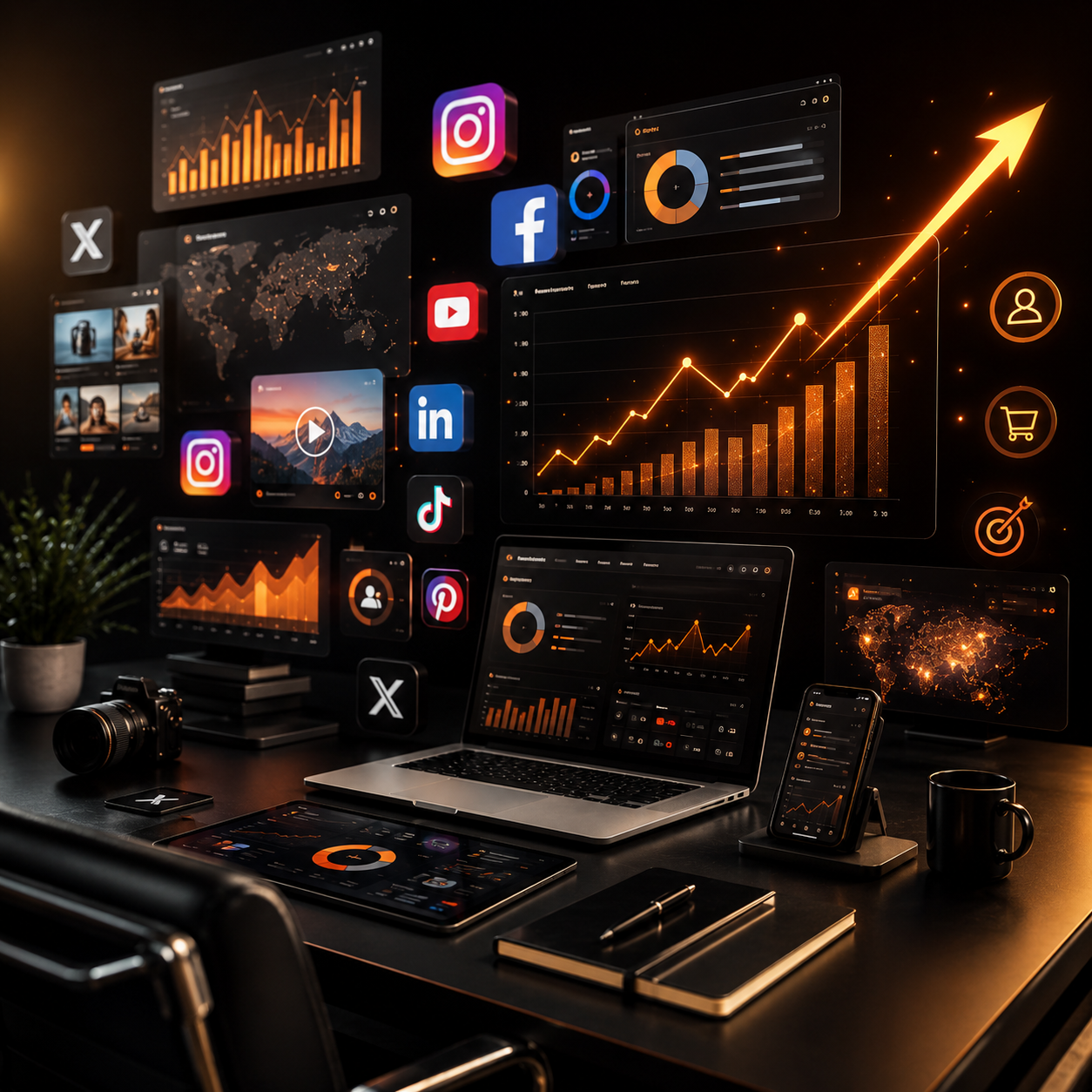 Dashboard showing social media marketing statistics related to engagement and growth.