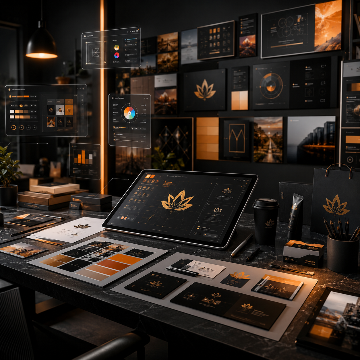 Workspace for branding and creative design services with services like logo design, brand identity, visual guidelines, marketing collateral, packaging, brand strategy dashboard, and digital creative assets.